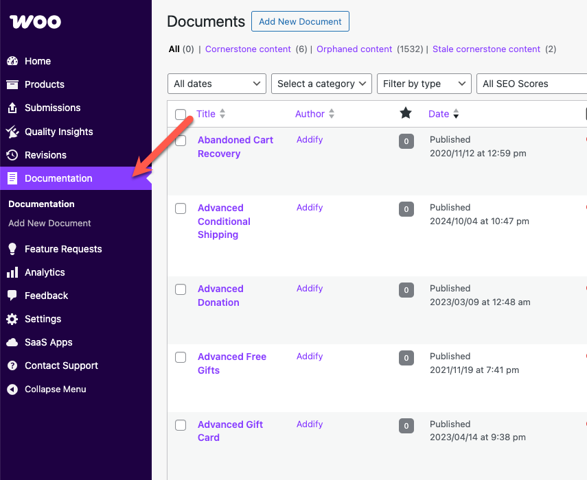 Documentation management interface