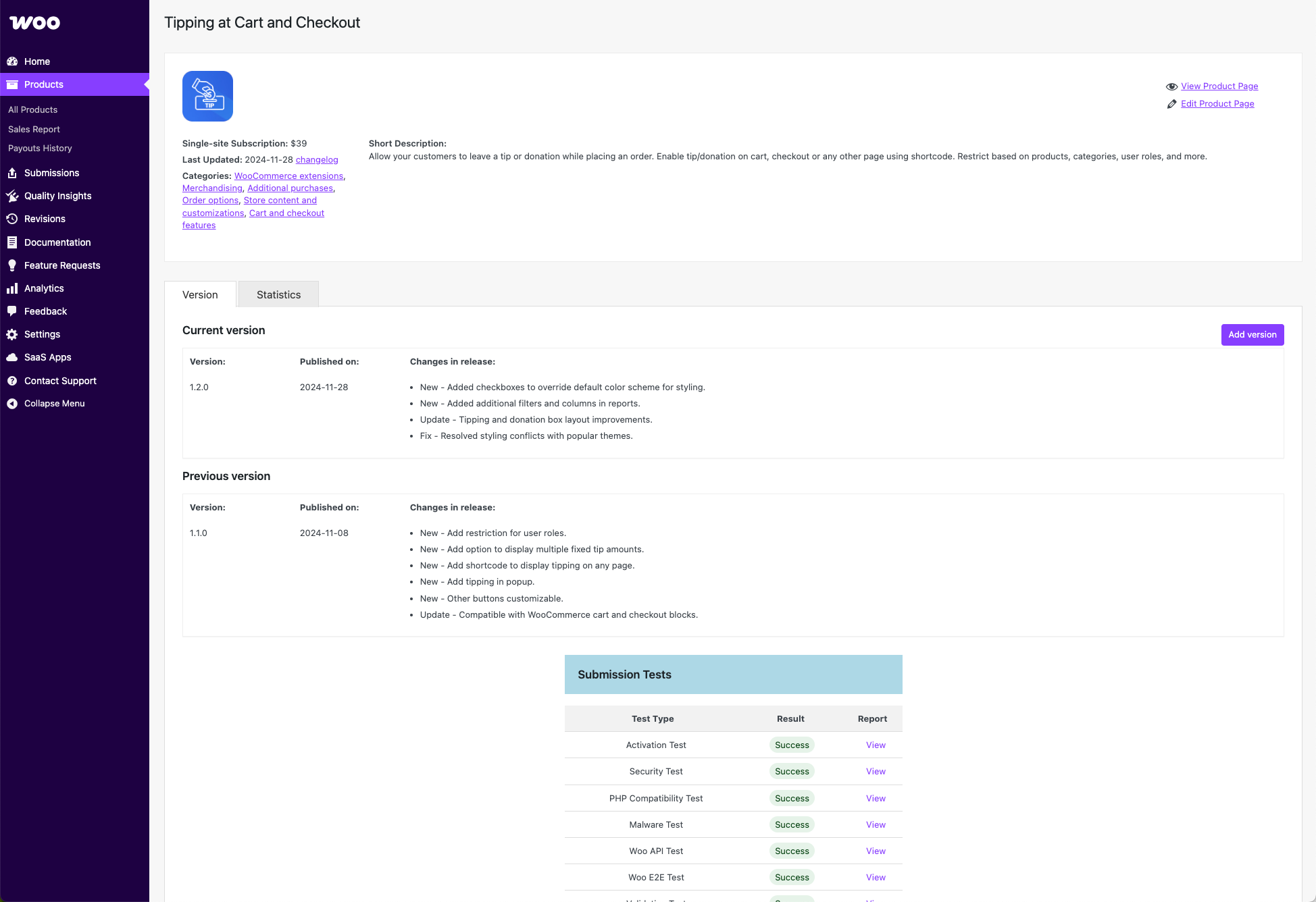 Product management interface in vendor dashboard