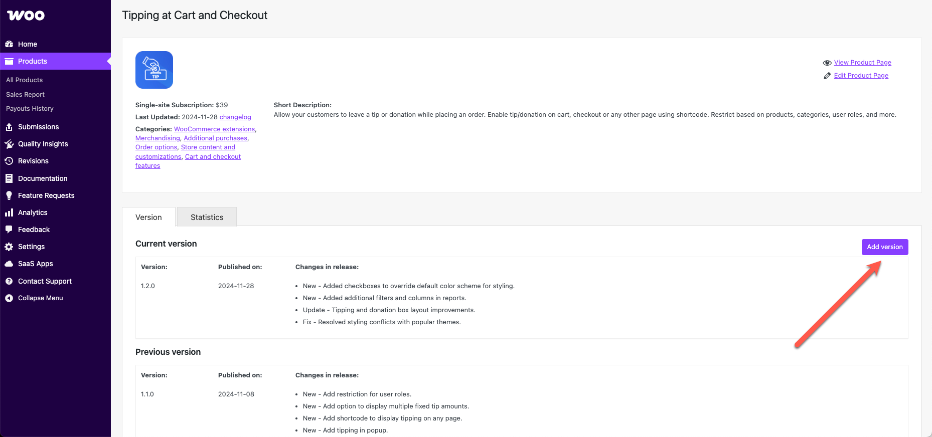 Product versions tab