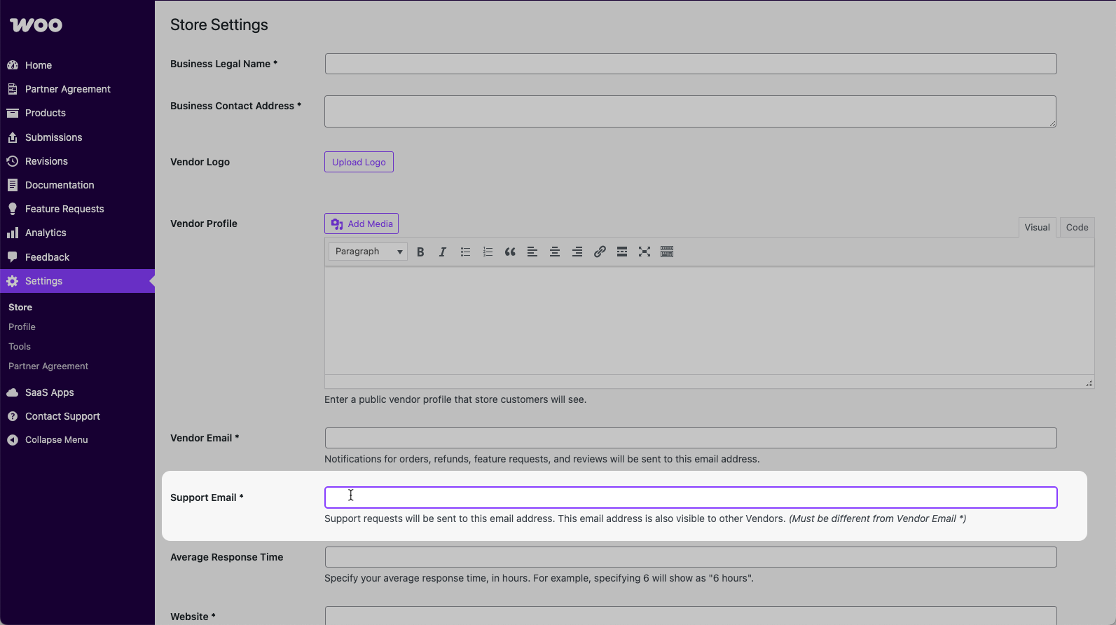 Support Email field in the vendor dashboard