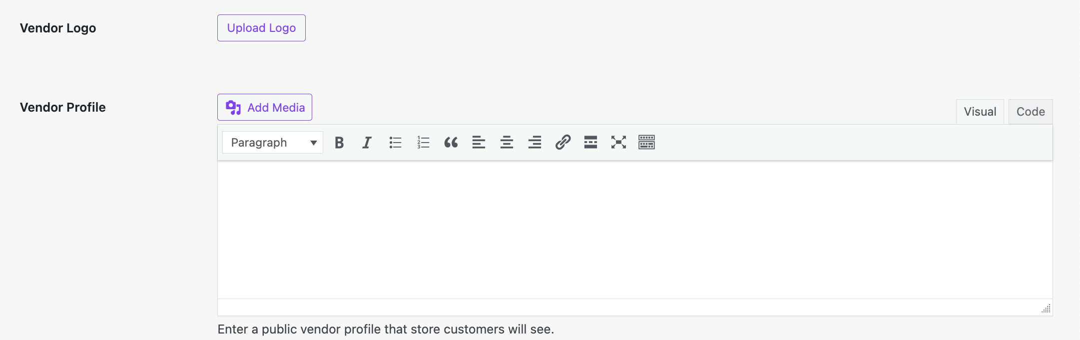 Screenshot of logo and profile settings in the WooCommerce Marketplace Partner Dashboard.