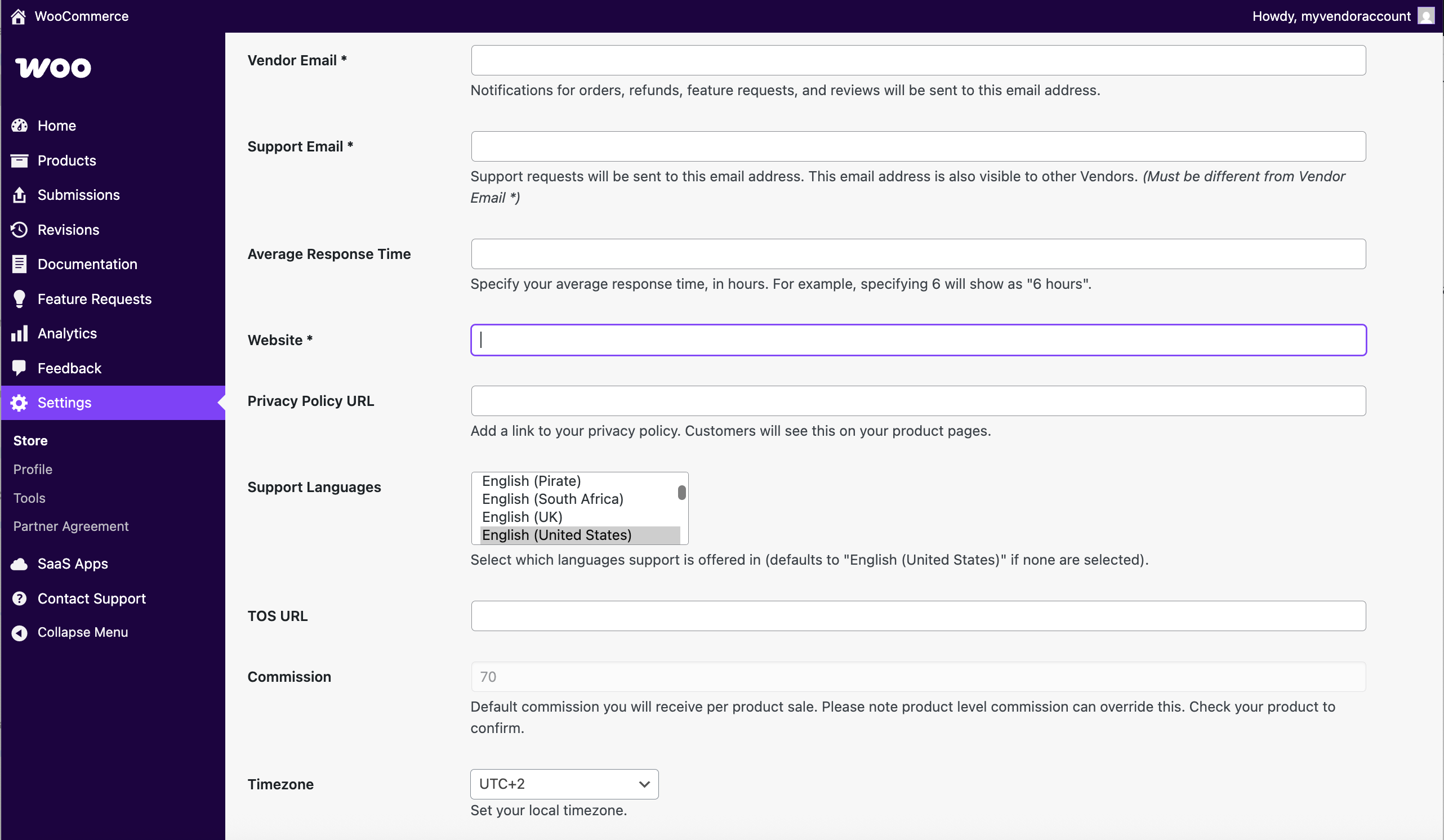 Screenshot of other settings in the WooCommerce Marketplace Partner Dashboard.