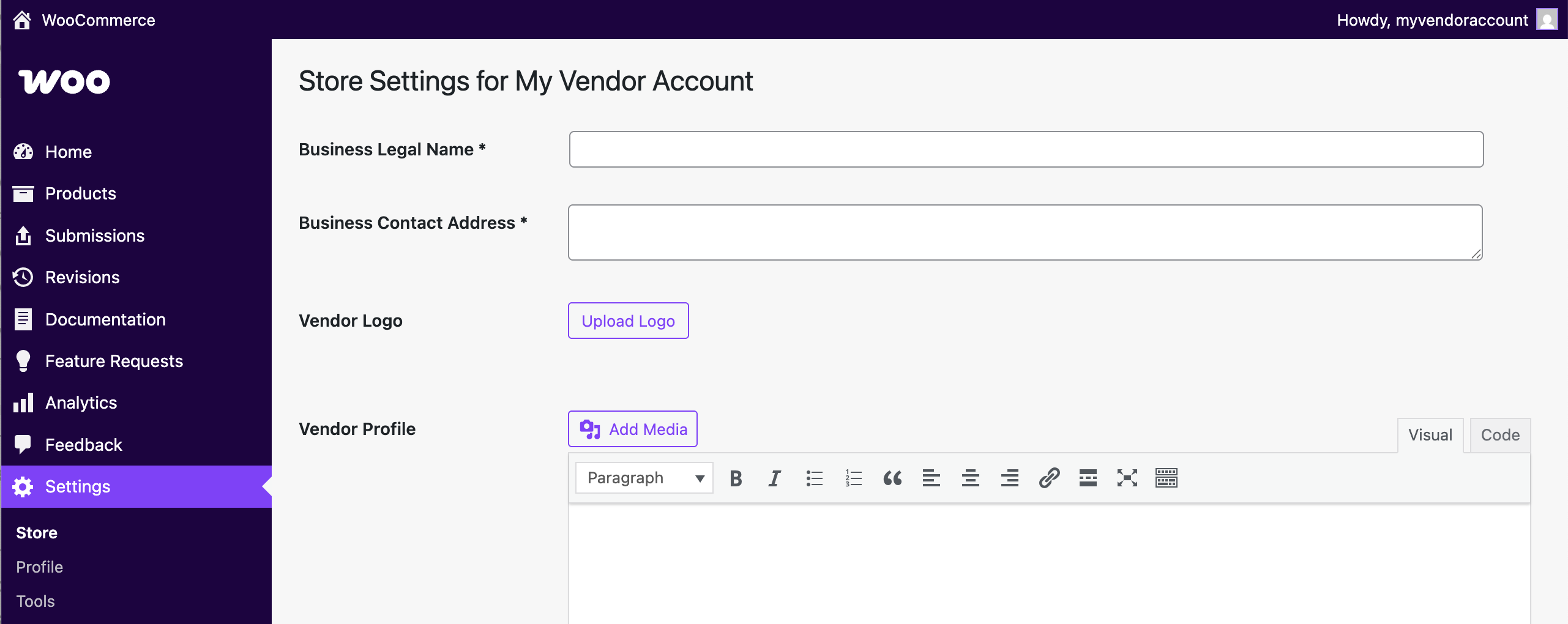 Screenshot of business name and address settings in the WooCommerce Marketplace Partner Dashboard.