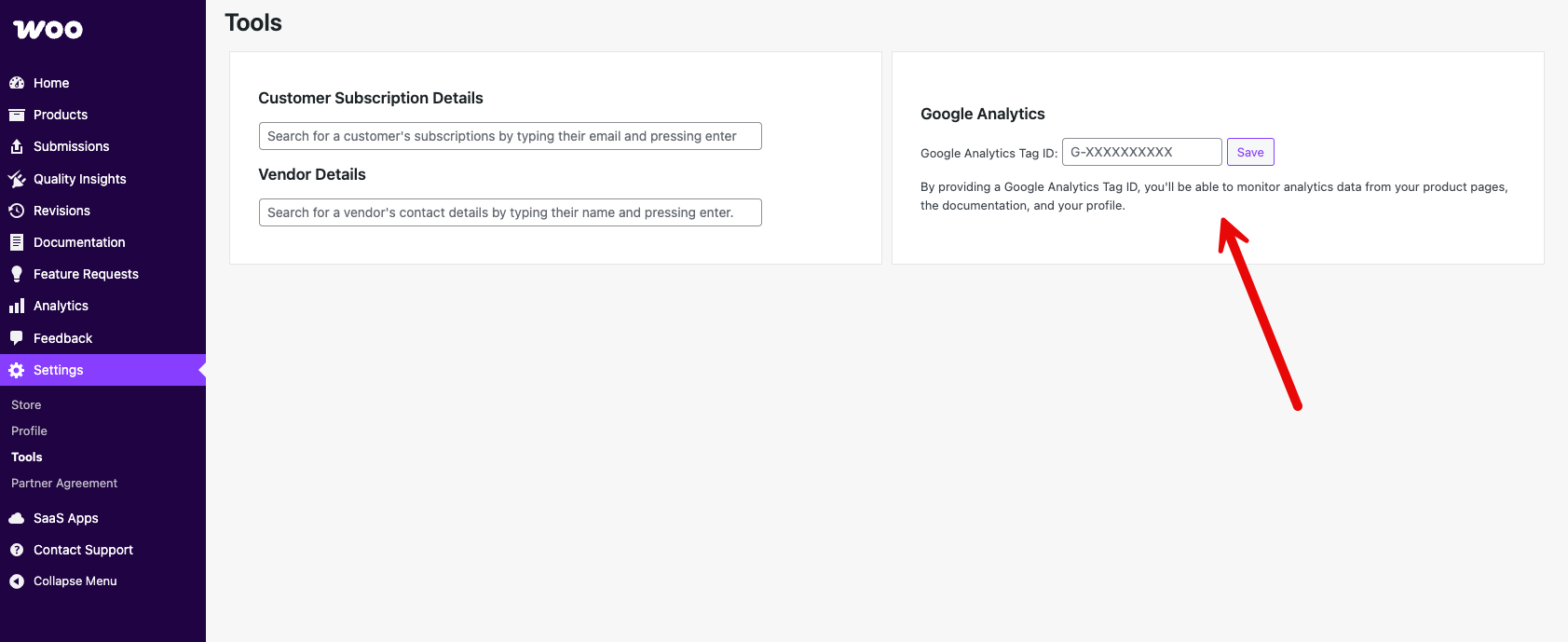 Screenshot of field to add Google Analytics in the vendor dashboard.