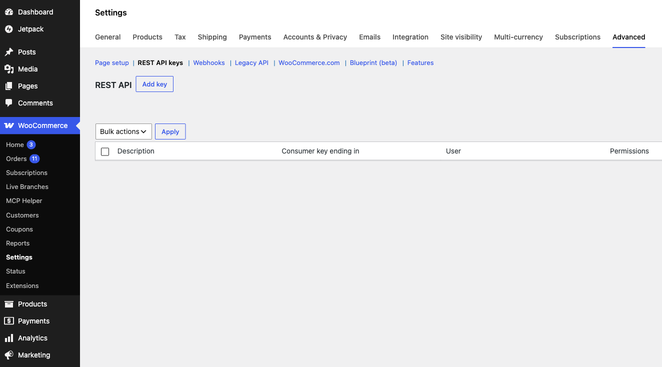 WooCommerce REST API keys settings