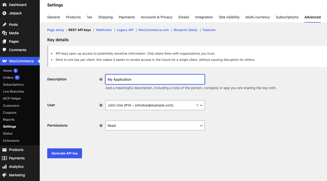 Creating a new REST API key