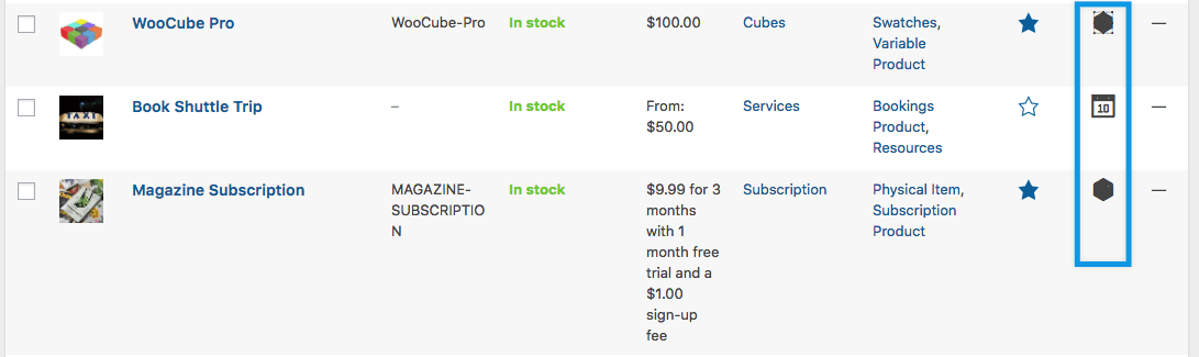 What should happen to the product type column on the admin Products screen?