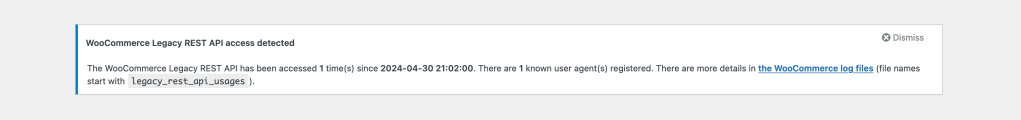 Example of an admin notification warning that the WooCommerce Legacy REST API appears to be in active use.