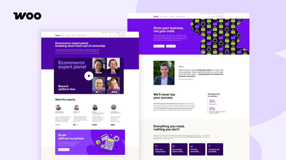 A screenshot of the WooCommerce website featuring an ecommerce expert panel section with a video, expert profiles, and promotional messaging about business growth and cost transparency.