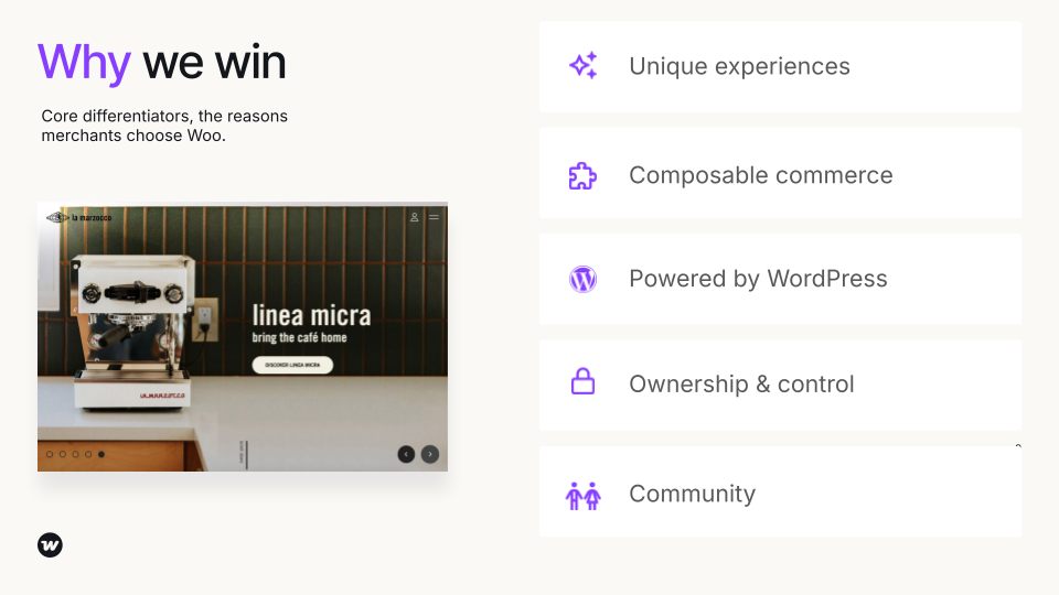 A digital display featuring a coffee machine with the text 'linea micra bring the café home' and key differentiators of WooCommerce such as 'Unique experiences', 'Composable commerce', 'Powered by WordPress', 'Ownership & control', and 'Community'.