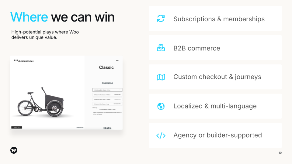 Slide displaying strategies for Woo's potential growth, highlighting subscriptions, B2B commerce, custom checkouts, localization, and agency support.
