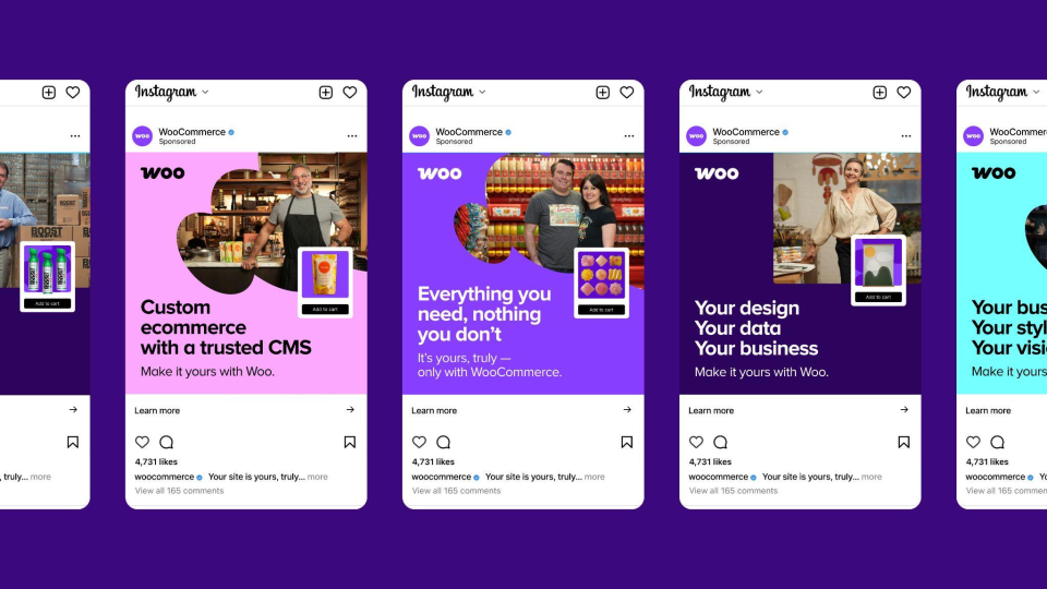 Three Instagram ad posts for WooCommerce featuring diverse individuals, highlighting customization, and business ownership themes, all set against a vibrant purple background.