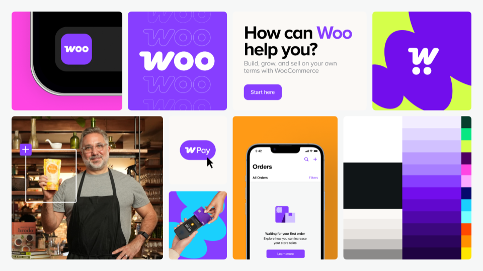 Collage of WooCommerce branding elements, including the Woo logo, promotional text, and images of a person in an apron with a product, showcasing the platform's features and services.