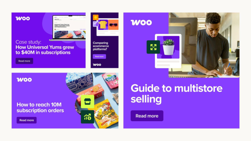 A collage of promotional graphics from Woo, featuring topics like a case study on Universal Yums and guides for ecommerce platforms and multistore selling. Each graphic showcases vibrant purple backgrounds and engaging visuals.