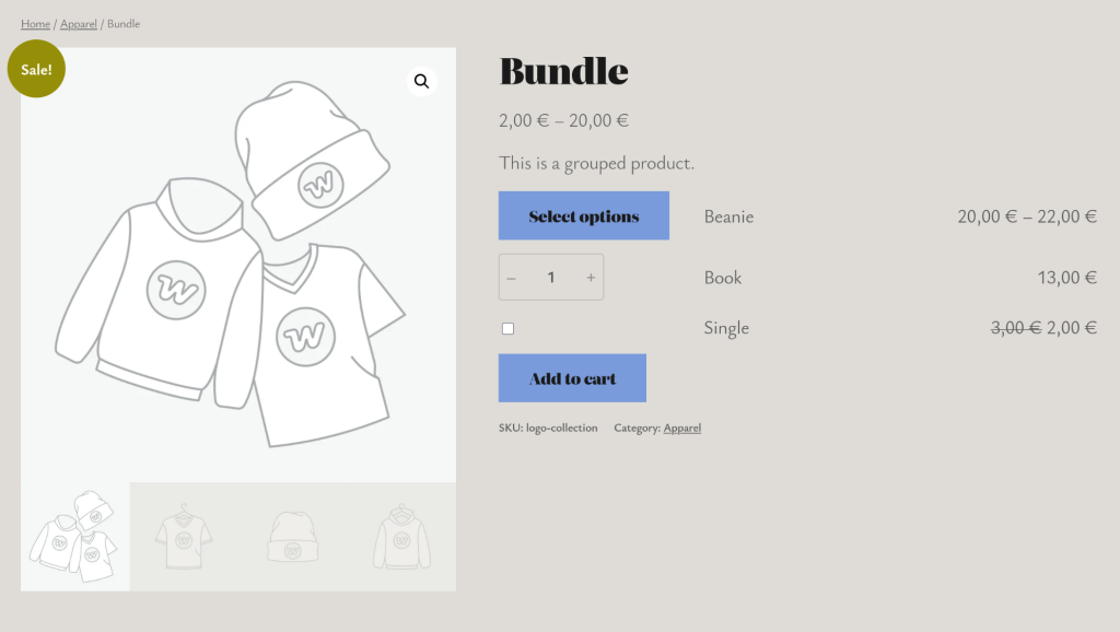Product page displaying a grouped product bundle with options to select a beanie, book, and single item, showcasing pricing and an 'Add to cart' button.