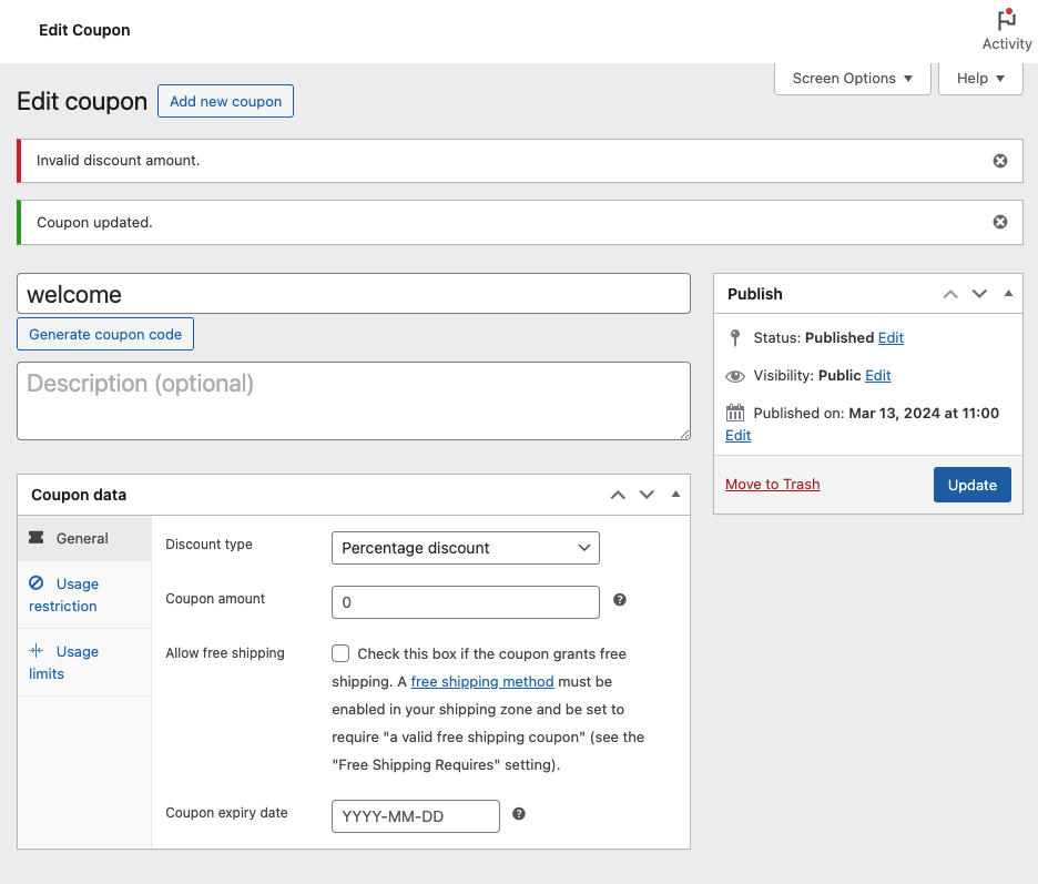 Screenshot of the WooCommerce coupon editing interface, displaying fields for coupon details, discount type, and usage restrictions.