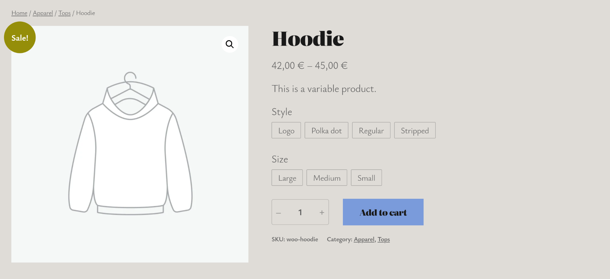 A line drawing of a hoodie displayed on a hanger, with size and style options below, and a button to add to cart.