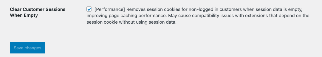 Checkbox option for 'Clear Customer Sessions When Empty' setting in WooCommerce, with a description explaining its impact on performance and potential compatibility issues.