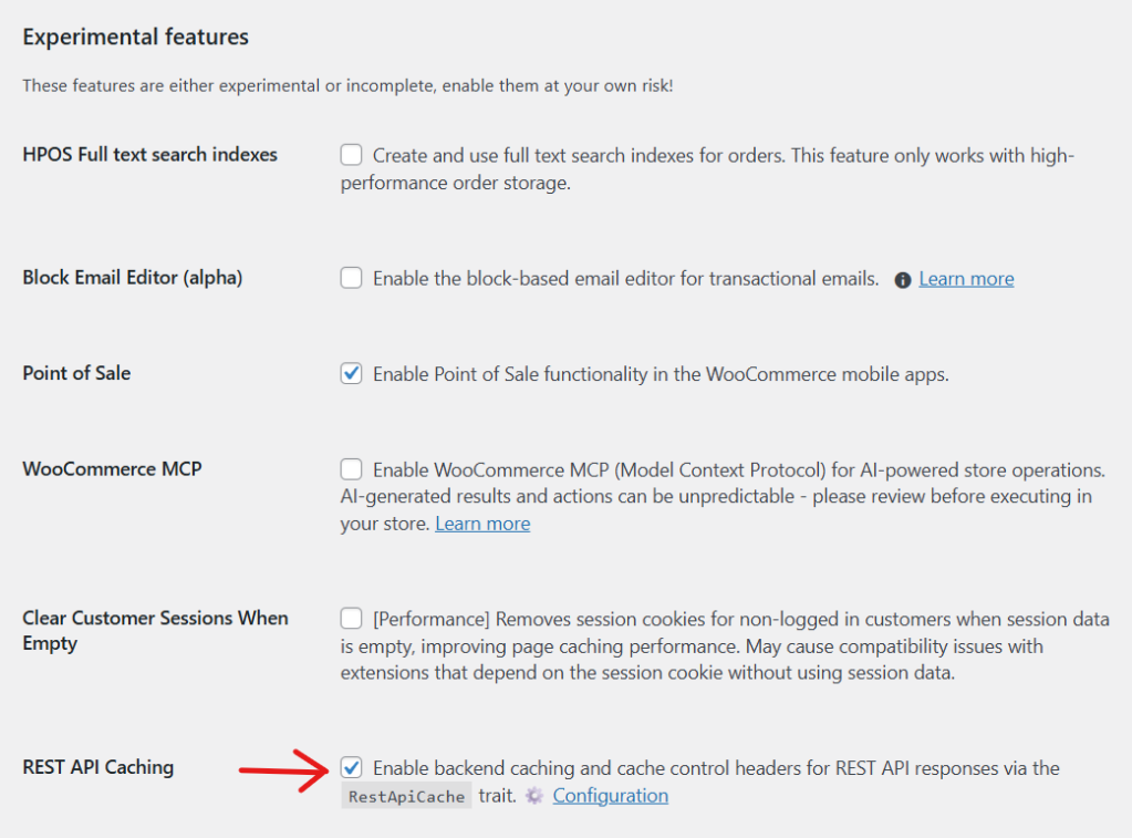 WooCommerce settings page showing experimental features, including options for REST API caching and a checkbox to enable it.