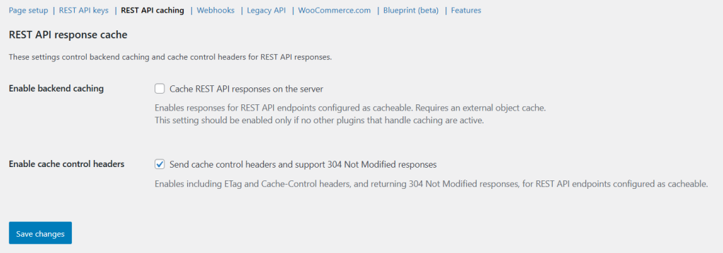Settings page for REST API response caching in WooCommerce, showing options to enable backend caching and cache control headers.