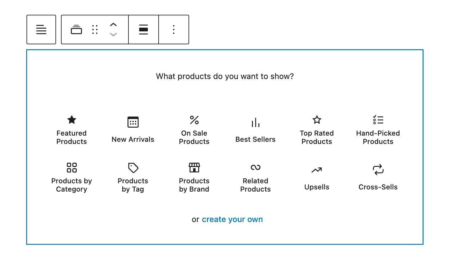 User interface displaying options to select types of products to showcase, including Featured Products, New Arrivals, On Sale Products, and more.
