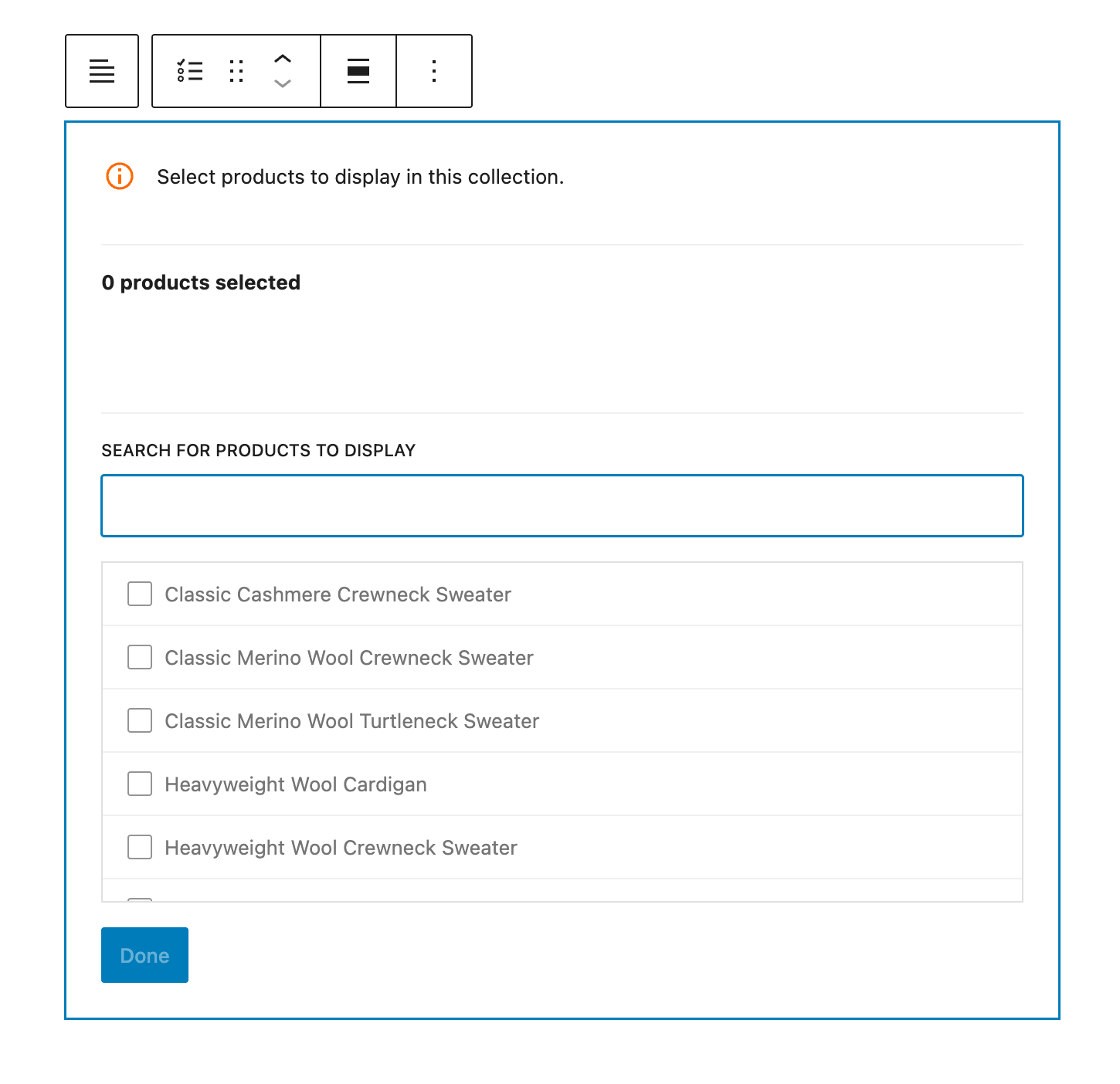 User interface for product selection in a clothing collection, showing options like cashmere and wool sweaters.