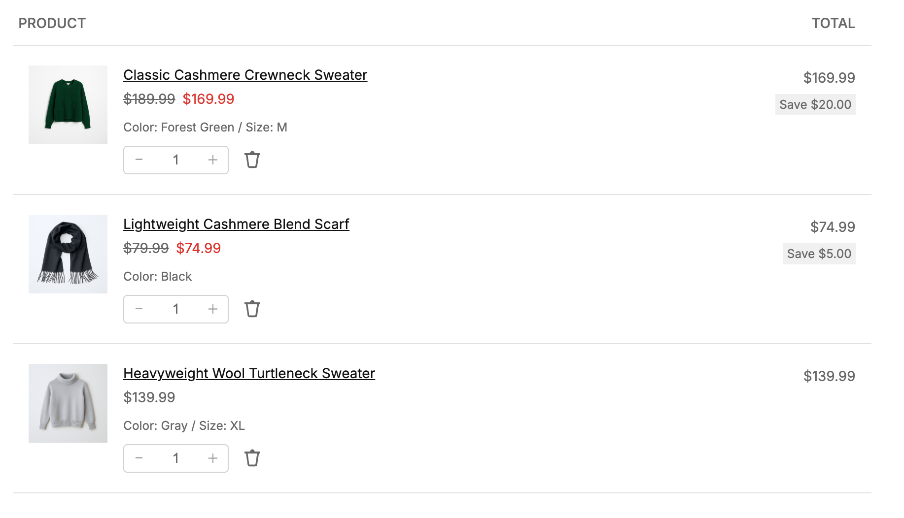 A product list featuring three clothing items: a green cashmere crewneck sweater, a black cashmere blend scarf, and a gray wool turtleneck sweater, along with their prices and sizes.